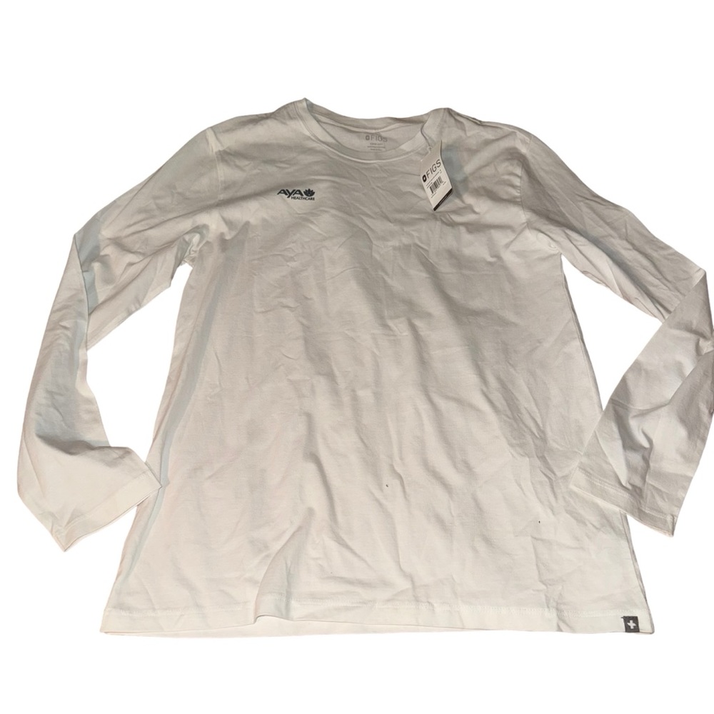 FIGS Womens Shirt White M Long Sleeve Pima Blend Aya Healthcare Logo